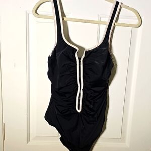 DELIMORA, Black One Piece‎ Swimsuit. size 12. Zipper Down The Front.